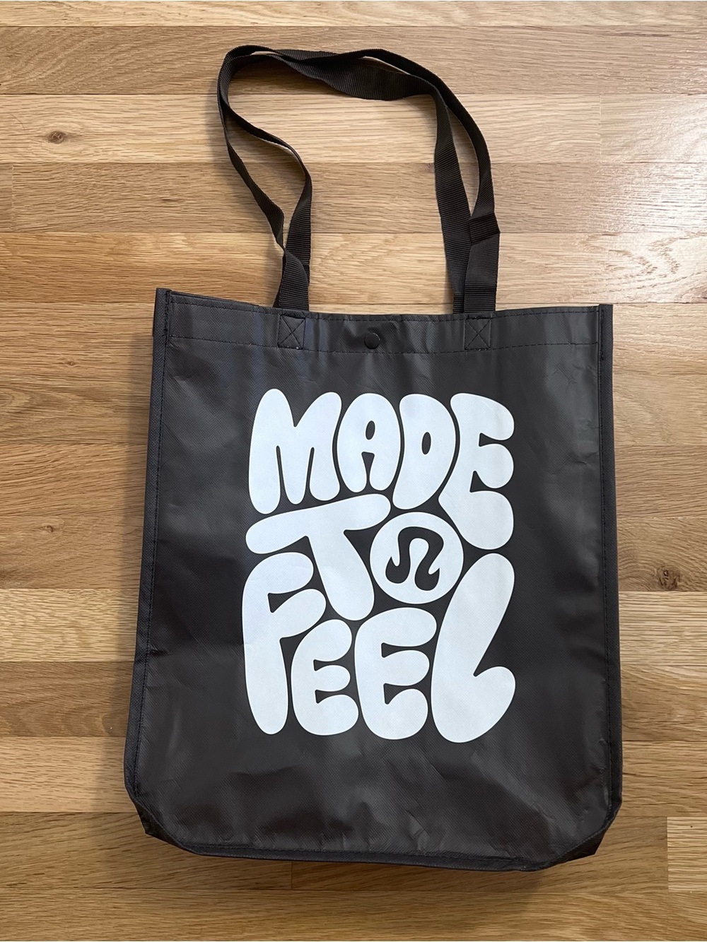 Lululemon Brown Reusable Tote Bag w/ White 'Made to Feel' Graphic, Snap Closure